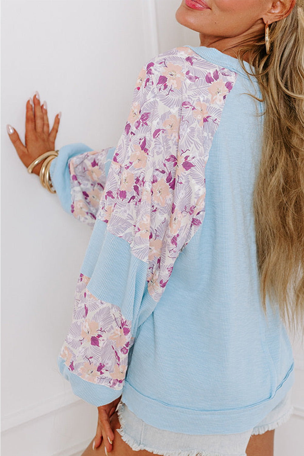 Apricot Ribbed Floral Patchwork Balloon Sleeve Top