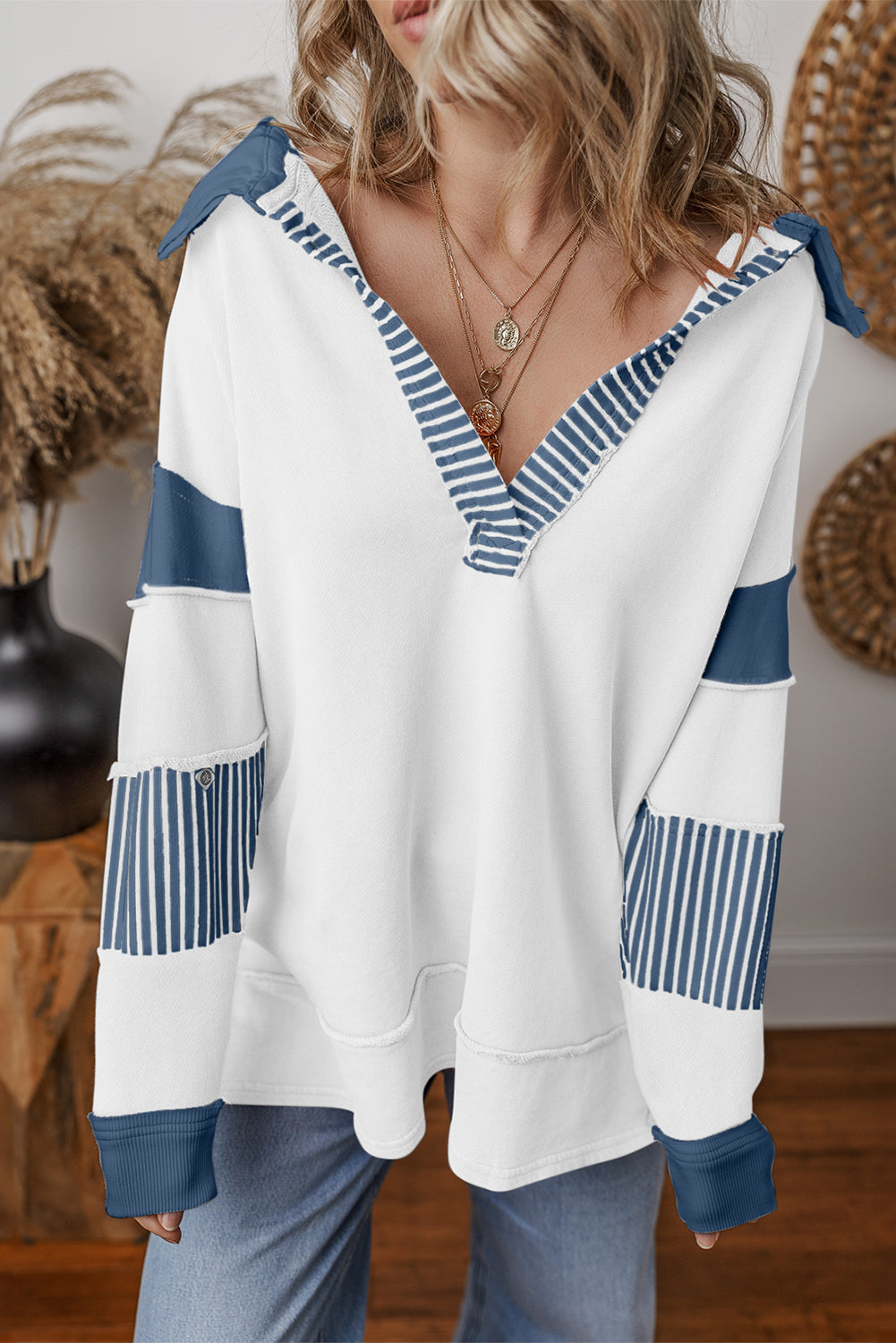 Dark Blue Striped Patchwork Collar Sweatshirt